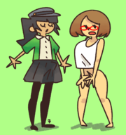 2girls artist:ahfkdy7 black_hair boner bottomless brown_hair glasses hat nikki oc pantyhose swapnote // 1256x1341 // 454KB