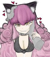 1girl animal_ears artist:unknown black_souls breasts catgirl cheshire_cat cleavage grin hands headpat heart pink_hair pov yellow_eyes // 805x919 // 1.0MB