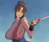 1girl artist:dairenke breasts brown_eyes brown_hair cleavage fan fatal_fury mai_shiranui ponytail // 1291x1130 // 858KB