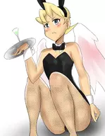 1girl black_eyes blonde_hair bow breath_of_fire breath_of_fire_iv bunny_ears bunny_girl bunny_suit colored earrings fishnet leotard nina short_hair sitting wings // 1347x1731 // 1.9MB