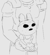 1boy 1girl animal_crossing artist:unknown carrying carrying_someone coco doom doomguy hand monochrome sitting sketch // 1528x1672 // 299KB