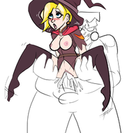 ahegao alternate_costume artist:ronco bottomless breast_out breasts_out colored cum huge_penis mercy overwatch penis roadhog vaginal // 1200x1187 // 418KB