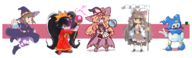 1boy 4girls a_hat_in_time artist:unknown ashley colored costume fat flask hand_gesture hat_kid holding holding_object jack_frost little_witch_nobeta loli multiple_artists navel nobeta reimu_hakurei shin_megami_tensei staff touhou tummy warioware witch witch_hat // 2465x745 // 1002KB