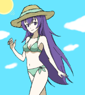 1girl background bikini colored hat long_hair purple_eyes purple_hair riviera_the_promised_land smile soala trace // 945x1064 // 275KB