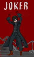 1boy black_hair colored joker mask parody persona persona_(series) persona_5 shin_megami_tensei stairs text // 1172x1960 // 810KB
