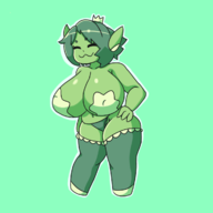 1girl artist:iggy_bomb colored crown goblin_princess green_hair princess short_hair smile thick thick_thighs thigh_highs towergirls // 1200x1200 // 290KB