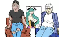 artist:ph casual_clothes cleavage colored dante darkstalkers devil_may_cry gene glasses god_hand morrigan_aensland parody poster wayne's_world // 1024x653 // 123KB