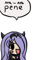 1girl artist:goseb90 black_eyes camilla chibi colored fire_emblem fire_emblem_fates horns long_hair parody pene purple_hair speech_bubble text // 504x651 // 112KB