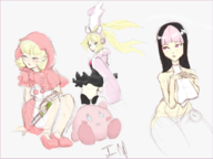 1boy 3girls artist:i.n. baby_bonnie_hood colored darkstalkers juri_han kirby kirby_(series) lucky_chloe sketch street_fighter tekken // 904x678 // 493KB