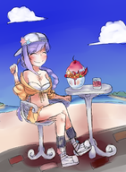 1girl artist:mellie bb bb_(swimsuit_mooncancer)_(fate) blush braid chair colored drink eyes_closed fate_(series) fate_grand_order food hat legs_crossed purple_hair sitting skirt smile spoon table // 2316x3160 // 3.2MB