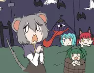 4girls animal_ears background bat blue_hair colored green_hair grey_hair heterochromia kisume kogasa_tatara mouse_ears nazrin red_hair rin_kaenbyou scared short_hair tail tears tongue touhou twintails // 1440x1123 // 345KB