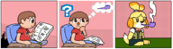 1boy 1girl animal_crossing artist:kking64 brown_eyes brown_hair chair colored comic dog garfield isabelle newspaper paper parody pipe_smoking short_hair sitting skirt thinking thought_bubble // 1232x355 // 186KB