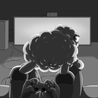 1boy 1girl artist:unknown blush eyelashes from_behind looking_at_viewer looking_back looking_over_shoulder patent playing_video_games robot seductive sony // 1500x1500 // 246KB