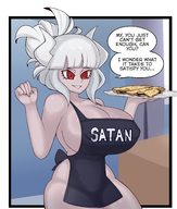 1girl apron artist:fromariels breasts dialogue helltaker horns huge_breasts lucifer naked_apron pancakes plate smile text text_dialogue // 2800x3299 // 2.9MB
