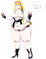 artist:deidatvm blonde_hair digimon digimon_story_cyber_sleuth fat food glasses kyoko_kuremi long_hair necklace text thought_bubble // 3139x4000 // 556KB
