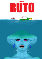 1boy 1girl blonde_hair boots colored earrings giantess gloves hat jaws link ocarina_of_time parody princess_ruto purple_eyes sea sharp_teeth swimming text the_legend_of_zelda tunic zora // 1064x1498 // 245KB