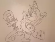 1girl 2boys banjo banjo-kazooie crossover gloves hat jiggy kazoo kazooie luigi mustache overalls shorts super_mario traditional_medium // 1440x1127 // 1.1MB