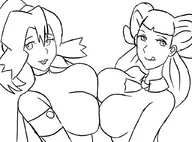 2girls breast_press clair lipstick parody pokemon pokemon_hgss pokemon_oras roxanne sketch symmetrical_docking tongue // 1024x759 // 196KB