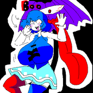 1girl artist:2hufag blue_hair blush huge_breasts kogasa_tatara open_mouth touhou umbrella waving // 400x400 // 22KB