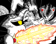 crossover dark_souls galaxia gaping_dragon kirby_(series) meta_knight red_eyes sharp_teeth sword weapon yellow_eyes // 641x508 // 67KB