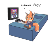 1girl aether_(series) anthro artist:unknown couch excited fleet fox fox_girl furry gamecube_controller happy rivals_of_aether steam_deck tv videogame_console yellow_eyes // 2285x1831 // 769KB