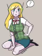 1girl animal_crossing artist:georgezero blonde_hair blue_eyes cave_story colored cosplay curly_brace huge_breasts isabelle long_hair robot robot_girl speech_bubble // 1668x2224 // 539KB