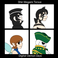 1girl 3boys album_cover artist:iggy_bomb colored demi-fiend gorillaz matador parody pixie raidou_kuzunoha shin_megami_tensei smt // 1000x1000 // 251KB