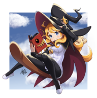 1girl artist:mateus_upd blonde_hair blue_eyes book broom cloud coven_and_labyrinth_of_refrain hat labyrinth_of_refrain long_hair luca necklace pantyhose riding signature smile witch witch_hat // 884x889 // 555KB