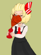 1girl blonde_hair bow colored eyes_closed ketchup rumia short_hair touhou // 1200x1600 // 583KB