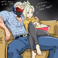 1boy 1girl angela_ziegler dialogue jack_morrison mercy overwatch popcorn sofa soldier_76 // 564x564 // 56KB