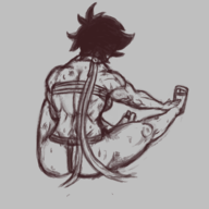 1girl from_behind makoto muscles shirtless street_fighter stretching sweat // 1500x1500 // 953KB