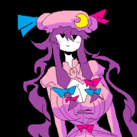 1girl artist:2hufag blush cleavage hat patchouli_knowledge purple_hair ribbons touhou // 400x400 // 21KB