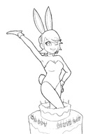 1girl artist:harrace birthday bunny_ears bunny_girl bunny_tail cake candle collar food happy_birthday leotard lineart persona persona_3 pose solo tail text wink yukari_takeba // 1280x1633 // 295KB