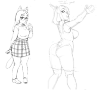 2girls anthro artist:bgee ass breasts dialogue diana_caproni eyelashes looking_at_partner looking_back looking_over_shoulder on_your_tail one_piece_swimsuit peina_felini skirt swimsuit tail text water // 1026x946 // 206KB