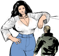 1boy 1girl artist:necrolepsy cleavage colored cyberpunk_2077 huge_breasts long_hair milf sasquatch_(cyberpunk) v_(cyberpunk) // 867x837 // 375KB