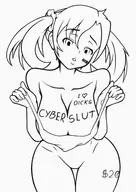 1girl artist:nininho breasts cleavage digimon digimon_story_cyber_sleuth heart lineart nokia_shiramine text thick_thighs twintails // 1754x2480 // 651KB