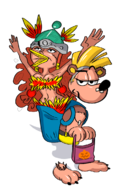 1boy 1girl 2018_halloween_collab animal_ears backpack bag banjo banjo-kazooie betilla brown_hair colored costume halloween halloween_collab helmet kazooie long_hair necklace pumpkin rayman rayman_(series) shorts // 747x1169 // 412KB