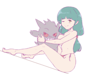 1girl artist:pepsi blush breast_squish breasts gengar huge_breasts plushie pokemon pokemon_rby sabrina // 1536x1195 // 433KB