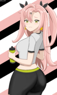 1girl artist:ns_art1 ass athletic_wear breasts colored earrings hair_ornament looking_at_viewer looking_back nicole_demara pink_hair ribbon twintails yellow_eyes zenless_zone_zero // 3000x5000 // 2.6MB