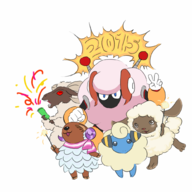 animal_crossing baabara catherine_(game) colored confetti crossover mareep mega_man_(series) mm10 new_years new_years_collab_2015 party_popper peace_sign pokemon sheep_man sparkler text // 1000x1000 // 383KB