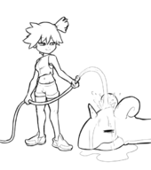 1girl artist:harrace horn hose lapras lineart misty pokemon pokemon_rby ponytail shorts side_ponytail // 603x681 // 50KB