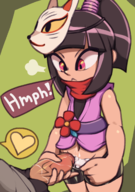 1boy 1girl artist:superwagon64 black_eyes colored cum flower handjob heart mask ninja_launcher penis ponytail purple_eyes shinobu spats streetpass_ninja text // 1545x2200 // 2.4MB