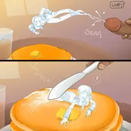 ! 1boy 1girl aigis artist:bishopbb butter butter_knife comic cum cup drink food knife masturbation pancakes penis persona persona_(series) persona_3 shin_megami_tensei short_hair text // 1600x1600 // 380KB