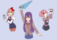 3girls apron blue_eyes blush bow colored cosplay cupcake doki_doki_literature_club! food halo jill julianne_stingray long_hair natsuki orange_hair pink_eyes pink_hair purple_eyes purple_hair sayori school_uniform skirt smile tie // 3000x2100 // 1.4MB