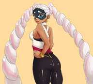 1girl arms_(game) ass black colored dark_skin from_behind leggings looking_at_viewer looking_back sideboob twintails twintelle white_hair // 1600x1450 // 965KB