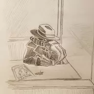 abe cup hat oddworld oddworld_abe's_oddysee poster sitting slig traditional_medium trench_coat // 2160x2160 // 1.4MB