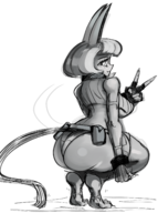 1girl animal_ears artist:unknown ass feet hand_gesture huge_ass looking_at_viewer looking_back panties parody peace_sign robo-fortune robot skullgirls squatting tail // 1877x2517 // 2.2MB