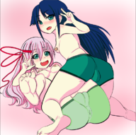 2girls al_azif all_fours colored demonbane fang lying lying_down pasties peace_signs saya saya_no_uta skin_fang underwear // 791x787 // 358KB