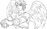 1boy angel grimace kid_icarus male monochrome older pit sword wings // 645x397 // 33KB