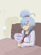 1girl artist:frequencyblue blue_hair blush bombergirl bomberman bubbles colored cup ponytail school_uniform shiro side_ponytail sitting straw table text uniform // 1500x2000 // 857KB